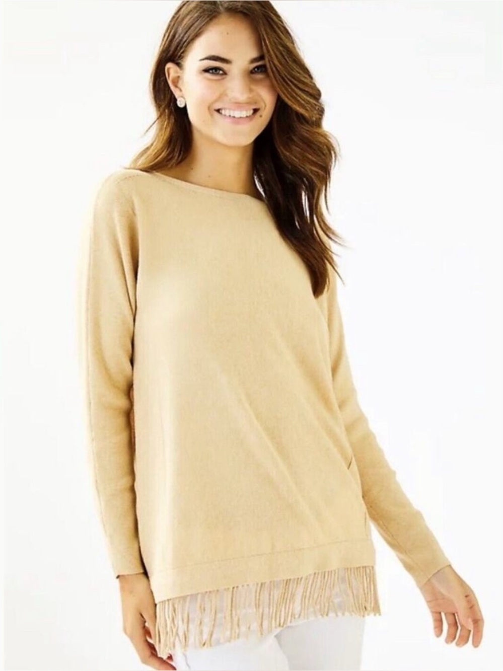 Lilly Pulitzer Glenda sweater coolmax Sand Bar Gold fringe size Large
